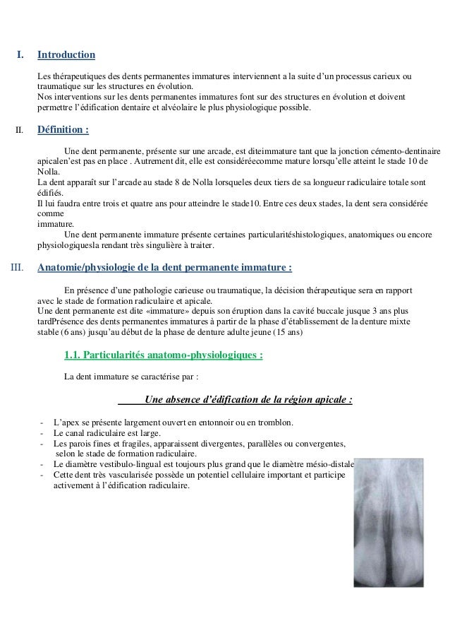 Le Traitement Des Dents Permanentes Immatures Apexogenese Et Final