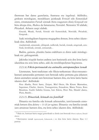 (horretan bat datoz gaztelania, frantsesa eta ingelesa). Adibidez,
grekoen mitologian, mendekuen jainkosak Eriniak edo Eumenideak
ziren, erromatarren Furiak zirenak (hiru ezagutzen dira); Gorgoiak ere
hiru ahizpa dira, Medusa da famatuena; Nereidak, Nereoren 50 alabak;
Pleiadeak, Atlasen zazpi alabak.
        Graziak, Musak, Furiak, Eriniak edo Eumenideak, Nereidak, Pleiadeak,
        Gorgoiak...
    Izaki mitologikoen kopurua mugagabea denean, letra xehez idazte-
koak dira. Adibideak:
        itsaslaminak, amazonak, ziklopeak, walkiriak, huriak, titanak, aingeruak, sera-
        finak, kerubinak, sirenak, zentauroak...
    Badira, gainera, pluralez baino erabiltzen ez diren izaki mitologi-
koak ere: galtzagorriak.
     Jakiteko irizpide horien arabera izen horietatik zein den letra larriz
idaztekoa eta zein letra xehez, aski da entziklopedietan begiratzea.
        2.2.1.4. Fikzio-pertsonaiak eta animalia antropomorfoen izenak
     Literaturan, herri-tradizioan edo fikzio-sorkuntzan (ikus-entzunez-
koetan) asmatutako pertsonen izen bereziak nahiz pertsona gisa jokatzen
duten animalien izenak izen berezitzat hartzen dira, eta letra larriz hasita
idazten dira8. Adibideak:
        Peru Abarka, Petiri Santz, Ziripot, Miel Otxin, On Kixote Mantxakoa,
        Superman, Charlot, Asterix, Txanogorritxo, Errauskine, Mateo Txistu, Katu
        Botaduna, Itzalik Gabeko Gizona, Loti Ederra, Peter Pan, Donald ahatea,
        Pluto, Bambi...
        2.2.1.5. Dinastiak, leinuak eta familiak9
     Dinastia eta familia edo leinuak adierazteko, izen/izenondo erato-
rriak lortzen dira deitura + (t-/d-)ar eginez. Dinastia- eta familia-izenak
izen arruntzat hartzen dira, eta letra xehez idazten dira. Adibideak:
  8   Hala ere, kontuan hartu osagai generikoak ez direla izen bereziak (Pintto txakurra, Donald
ahatea).
  9Herritarren izenak (gasteiztarrak, bizkaitarrak...) ez dira letra larriz idazten. Ikus 3.3
puntua.



                                               31
 