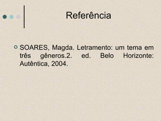 Referência SOARES, Magda. Letramento: um tema em três gêneros.2. ed. Belo Horizonte: Autêntica, 2004.  
