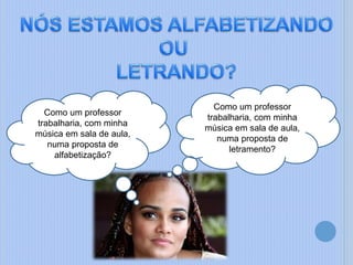 Como um professor
trabalharia, com minha
música em sala de aula,
numa proposta de
letramento?
Como um professor
trabalharia, com minha
música em sala de aula,
numa proposta de
alfabetização?
 