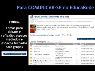 Para COMUNICAR-SE no EducaRede FÓRUM Temas para debate e reflexão, espaços mediados e espaços fechados para grupos 