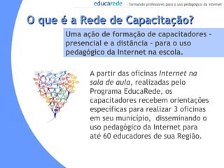 O que é a Rede de Capacitação? Uma ação de formação de capacitadores - presencial e a distância – para o uso pedagógico da Internet na escola. A partir das oficinas  Internet na sala de aula,  realizadas pelo   Programa EducaRede, os capacitadores recebem orientações específicas para realizar 3 oficinas em seu município,  disseminando o uso pedagógico da Internet para até 60 educadores de sua Região. 