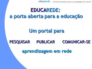 EDUCA REDE:  a porta aberta para a educação PESQUISAR COMUNICAR-SE PUBLICAR Um portal para aprendizagem em rede 