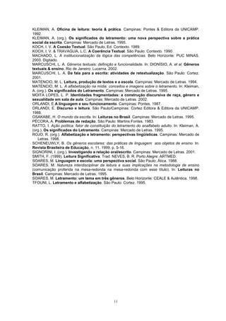 11
KLEIMAN, A. Oficina de leitura: teoria & prática. Campinas: Pontes & Editora da UNICAMP.
1992.
KLEIMAN, A. (org.). Os significados do letramento: uma nova perspectiva sobre a prática
social da escrita. Campinas: Mercado de Letras. 1995.
KOCH, I. V. A Coesão Textual. São Paulo, Ed. Contexto. 1989.
KOCH, I. V. & TRAVAGLIA, L.C. A Coerência Textual. São Paulo: Contexto. 1990.
MACHADO, L. A institucionalização da lógica das competências. Belo Horizonte: PUC MINAS.
2003. Digitado.
MARCUSCHI, L. A. Gêneros textuais: definição e funcionalidade. In: DIONÍSIO, A. et al. Gêneros
textuais & ensino. Rio de Janeiro: Lucerna. 2002.
MARCUSCHI, L. A. Da fala para a escrita: atividades de retextualização. São Paulo: Cortez.
2001.
MATENCIO, M. L. Leitura, produção de textos e a escola. Campinas: Mercado de Letras. 1994.
MATENCIO, M. L. A alfabetização na mídia: conceitos e imagens sobre o letramento. In: Kleiman,
A. (org.). Os significados do Letramento. Campinas: Mercado de Letras. 1995.
MOITA LOPES, L. P. Identidades fragmentadas: a construção discursiva de raça, gênero e
sexualidade em sala de aula. Campinas: Mercado de Letras. 2002.
ORLANDI, E.A linguagem e seu funcionamento. Campinas: Pontes. 1987.
ORLANDI, E. Discurso e leitura. São Paulo/Campinas: Cortez Editora & Editora da UNICAMP.
1988.
OSAKABE, H. O mundo da escrita. In: Leituras no Brasil. Campinas: Mercado de Letras. 1995.
PÉCORA, A. Problemas de redação. São Paulo: Martins Fontes. 1983.
RATTO, I. Ação política: fator de constituição do letramento do analfabeto adulto. In: Kleiman, A.
(org.). Os significados do Letramento. Campinas: Mercado de Letras. 1995.
ROJO, R. (org.). Alfabetização e letramento: perspectivas lingüísticas. Campinas: Mercado de
Letras. 1998.
SCHENEUWLY, B. Os gêneros escolares: das práticas de linguagem aos objetos de ensino. In:
Revista Brasileira de Educação, n. 11. 1999. p. 5-16.
SIGNORINI, I. (org.). Investigando a relação oral/escrito. Campinas: Mercado de Letras. 2001.
SMITH, F. (1999). Leitura Significativa. Trad. NEVES, B. R. Porto Alegre: ARTMED.
SOARES, M. Linguagem e escola: uma perspectiva social. São Paulo: Ática. 1988.
SOARES, M. Natureza interdisciplinar da leitura e suas implicações na metodologia de ensino
(comunicação proferida na mesa-redonda na mesa-redonda com esse título). In: Leituras no
Brasil. Campinas: Mercado de Letras. 1995.
SOARES, M. Letramento: um tema em três gêneros. Belo Horizonte: CEALE & Autêntica. 1998.
TFOUNI, L. Letramento e alfabetização. São Paulo: Cortez. 1995.
 