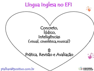 ptalhari@positivo.com.br
Língua Inglesa no EFI
Concreto,
lúdico,
Inteligências
(visual, cinestésica,musical)

Prática, Revisão e Avaliação
 