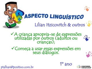 ptalhari@positivo.com.br
A criança apropria-se de expressões
utilizadas por outros (adultos ou
crianças);
Começa a usar essas expressões em
seus diálogos.
Lilian Itzicovitch & outros
1º ano
 