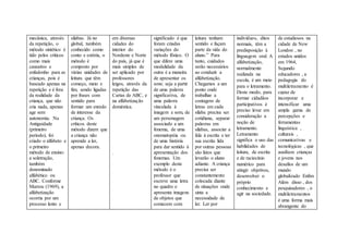 mecânica, através
da repetição, o
método sintético é
tido pelos críticos
como mais
cansativo e
enfadonho para as
crianças, pois é
baseado apenas na
repetição e é fora
da realidade da
criança, que não
cria nada, apenas
age sem
autonomia. Na
Antiguidade
(primeiro
período), foi
criado o alfabeto e
o primeiro
método de ensino:
a soletração,
também
denominado
alfabético ou
ABC. Conforme
Marrou (1969), a
alfabetização
ocorria por um
processo lento e
sílabas. Já no
global, também
conhecido como
conto e estória, o
método é
composto por
várias unidades de
leitura que têm
começo, meio e
fim, sendo ligadas
por frases com
sentido para
formar um enredo
de interesse da
criança. Os
críticos deste
método dizem que
a criança não
aprende a ler,
apenas decora.
em diversas
cidades do
interior do
Nordeste e Norte
do país, já que é
mais simples de
ser aplicado por
professores
leigos, através da
repetição das
Cartas de ABC, e
na alfabetização
doméstica.
.
significado é que
foram criadas
variações do
método fônico. O
que difere uma
modalidade da
outra é a maneira
de apresentar os
sons: seja a partir
de uma palavra
significativa, de
uma palavra
vinculada à
imagem e som, de
um personagem
associado a um
fonema, de uma
onomatopéia ou
de uma história
para dar sentido à
apresentação dos
fonemas. Um
exemplo deste
método é o
professor que
escreve uma letra
no quadro e
apresenta imagens
de objetos que
comecem com
leitura tenham
sentido e façam
parte da vida do
aluno.” Para
tanto, cuidados
serão necessários
ao conduzir a
alfabetização.
Chegamos a um
ponto onde
trabalhar a
contagem de
letras em cada
sílaba precisa ser
cotidiana, separar
palavras em
sílabas, associar a
fala à escrita e ter
sua escrita lida
por outras pessoas
são fatos que
levarão o aluno
adiante. A criança
precisa ser
constantemente
colocada diante
de situações onde
sinta a
necessidade de
ler. Ler por
indivíduos, ditos
normais, têm a
predisposição à
linguagem oral. A
alfabetização,
normalmente
realizada na
escola, é um meio
para o letramento.
Deste modo, para
formar cidadãos
participativos é
preciso levar em
consideração a
noção de
letramento.
Letramento
significa o uso das
habilidades de
leitura, de escrita
e de raciocínio
numérico para
atingir objetivos,
desenvolver o
próprio
conhecimento e
agir na sociedade.
de estudiosos na
cidade de New
London , no
estados unidos
em 1964,
Segundo
educadores , a
pedagogia do
multiletramento é
capaz de
incorporar e
intensificar uma
ampla gama de
percepções e
ferramentas
linguística ,
culturais ,
comunicativas e
tecnológicas , que
auxiliam crianças
e jovens nos
desafios de um
mundo
globalizado Enfim
Além disso , dos
pesquisadores , o
multiletramentos
é uma forma mais
abrangente do
 