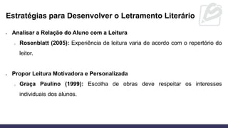 Estratégias para Desenvolver o Letramento Literário
• Analisar a Relação do Aluno com a Leitura
o Rosenblatt (2005): Experiência de leitura varia de acordo com o repertório do
leitor.
• Propor Leitura Motivadora e Personalizada
o Graça Paulino (1999): Escolha de obras deve respeitar os interesses
individuais dos alunos.
 