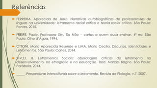 Referências
 FERREIRA, Aparecida de Jesus. Narrativas autobiográficas de professoras/es de
línguas na universidade: letramento racial crítico e teoria racial critica. São Paulo:
Pontes, 2015.
 FREIRE, Paulo. Professora Sim, Tia Não – cartas a quem ousa ensinar. 4ª ed. São
Paulo: Olho d’Água, 1994.
 OTTONI, Maria Aparecida Resende e LIMA, Maria Cecília. Discursos, Identidades e
Letramentos. São Paulo: Cortez, 2014.
 STREET, B. Letramentos Sociais: abordagens críticas do letramento no
desenvolvimento, na etnografia e na educação. Trad. Marcos Bagno. São Paulo:
Parábola, 2014.
 _____. Perspectivas interculturais sobre o letramento. Revista de Filologia, v.7, 2007.
 