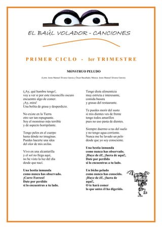 EL BAÚL VOLADOR - CANCIONES


  PRIMER CICLO                                            -      1er T R I M E S T R E

                                          MONSTRUO PELUDO
               (Letra: Jesús Manuel Álvarez García y Óscar Bacallado; Música: Jesús Manuel Álvarez García).




(¡Ay, qué hambre tengo!,                                       Tengo dieta alimenticia
voy a ver si por este rinconcillo oscuro                       muy estricta e interesante,
encuentro algo de comer.                                       comida basura
¡Ay, mira!                                                     y grasas del restaurante.
Una bolita de grasa y desperdicio.
                                                               Te puedes morir del susto
No existe en la Tierra                                         si mis dientes ves de frente
otro ser tan repugnante.                                       tengo todos amarillos
Soy el monstruo más terrible                                   pues no uso pasta de dientes.
y de aspecto horripilante.
                                                               Siempre duermo a ras del suelo
Tengo pelos en el cuerpo                                       y no tengo agua corriente.
hasta dónde no imaginas.                                       Nunca me he lavado un pelo
Puedes hacerte una idea                                        desde que yo soy consciente.
del olor de mis axilas.
                                                               Una bestia inmunda
Vivo en una alcantarilla                                       como nunca has observado.
y el sol no llega aquí,                                        ¡Huye de él!, ¡fuera de aquí!,
no he visto la luz del día                                     Date por perdido
desde que nací.                                                si lo encuentras a tu lado.

Una bestia inmunda                                             Un bicho peludo
como nunca has observado.                                      como nunca has conocido.
¡Corre Forrest!                                                ¡Huye de él!, ¡fuera de
Date por perdido                                               aquí!,
si lo encuentras a tu lado.                                    O te hará comer
                                                               lo que antes él ha digerido.
 