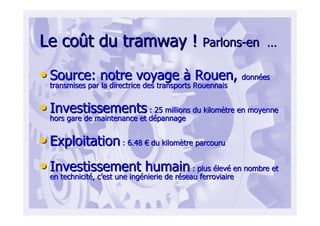 Le coLe coûût du tramway !t du tramway ! ParlonsParlons--enen ……
•• Source: notre voyageSource: notre voyage àà Rouen,Rouen, donndonnééeses
transmises par la directrice des transports Rouennaistransmises par la directrice des transports Rouennais
•• InvestissementsInvestissements : 25 millions du kilom: 25 millions du kilomèètre en moyennetre en moyenne
hors gare de maintenance et dhors gare de maintenance et déépannagepannage
•• ExploitationExploitation : 6.48: 6.48 €€ du kilomdu kilomèètre parcourutre parcouru
•• Investissement humainInvestissement humain : plus: plus éélevlevéé en nombre eten nombre et
en techniciten technicitéé, c, c’’est une ingest une ingéénierie de rnierie de rééseau ferroviaireseau ferroviaire
 