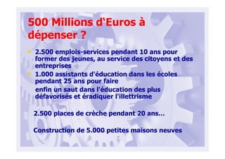 500 Millions d‘Euros à
dépenser ?
• 2.500 emplois-services pendant 10 ans pour
former des jeunes, au service des citoyens et des
entreprises
• 1.000 assistants d'éducation dans les écoles
pendant 25 ans pour faire
enfin un saut dans l'éducation des plus
défavorisés et éradiquer l'illettrisme
2.500 places de crèche pendant 20 ans…
Construction de 5.000 petites maisons neuves
 