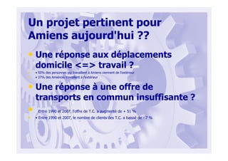 Un projet pertinent pour
Amiens aujourd'hui ??
• Une réponse aux déplacements
domicile <=> travail ?
• • 50% des personnes qui travaillent à Amiens viennent de l'extérieur
• • 37% des Amiénois travaillent à l'extérieur
• Une réponse à une offre de
transports en commun insuffisante ?
• Entre 1990 et 2007, l'offre de T.C. a augmenté de + 51 %
• • Entre 1990 et 2007, le nombre de clients des T.C. a baissé de - 7 %
 