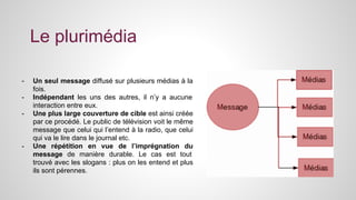 Le plurimédia 
- Un seul message diffusé sur plusieurs médias à la 
fois. 
- Indépendant les uns des autres, il n’y a aucune 
interaction entre eux. 
- Une plus large couverture de cible est ainsi créée 
par ce procédé. Le public de télévision voit le même 
message que celui qui l’entend à la radio, que celui 
qui va le lire dans le journal etc. 
- Une répétition en vue de l’imprégnation du 
message de manière durable. Le cas est tout 
trouvé avec les slogans : plus on les entend et plus 
ils sont pérennes. 
 