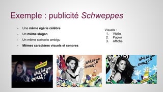 Exemple : publicité Schweppes 
- Une même égérie célèbre 
- Un même slogan 
- Un même scénario ambigu 
- Mêmes caractères visuels et sonores 
Visuels : 
1. Vidéo 
2. Papier 
3. Affiche 
 