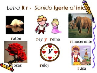 Letra R r - Sonido fuerte al inicio
rosas reloj
ratón rey y reina
rinoceronte
rusa
 