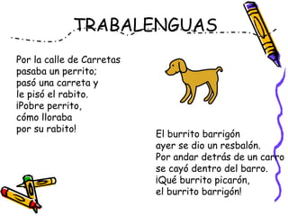 Por la calle de Carretas
pasaba un perrito;
pasó una carreta y
le pisó el rabito.
¡Pobre perrito,
cómo lloraba
por su rabito!
 
El burrito barrigón
ayer se dio un resbalón.
Por andar detrás de un carro
se cayó dentro del barro.
¡Qué burrito picarón,
el burrito barrigón!
TRABALENGUAS
 