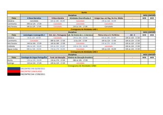 Buritis
                                                                        Disciplinas                                                                                WEB CONFERÊNCIA
     Polos            A Nova Narrativa             Crítica Literária      Atividades Diversificadas 6    Estágio Sup. em Reg. Do Ens. Médio           -            WEB   WEB
Alexânia                 Cancelado                16h às 18h - 03.09               Cancelado                      14h às 16h - 03.09                  -
Carinhanha           09h às 12h - 17.09                Cancelado                   Cancelado                          Cancelado                       -
Alto Paraíso         10h às 12h - 17.09                Cancelado              13h às 15h - 17.09                      Cancelado                       -
                                                                           Cronograma de Atividades UAB 1
                                                                        Disciplinas                                                                                WEB CONFERÊNCIA
     Polos       Lexicologia e Lexicografia 1   Sint. da L. Portuguesa Lab. De Ensino da L. e Literatura     Pátria Lírica e D. Periférico          AD - 4         WEB   WEB
Alexânia              10 às 12h - 03.09                Cancelado              14h às 16h - 03.09                  16h às 18h - 03.09          10h às 12h - 17.09
Carinhanha               Cancelado                08h às 10h - 17.09            13 às 15h - 17.09                 10h às 12h - 17.09          10h às 12h - 17.09
Alto Paraíso          14h às 16h - 17.09          16h às 18h - 17.09               Cancelado                      15h às 17h - 03.09          10h às 12h - 17.09
Ceilândia             08h às 10h - 03.09          10h às 12h - 03.09           13h às 15h - 03.09                     cancelado               10h às 12h - 17.09
Águas Lindas         08h às 10h - 03.09           15h às 17h - 03.09               Cancelado                      10h às 12h - 03.09          10h às 12h - 17.09
                                                                           Cronograma de Atividades UAB 2
                                                                        Disciplinas                                                                                WEB CONFERÊNCIA
      Polos    Fonologia da Língua PortuguÊsa     Fund. da Educação História da Educação Brasileira                        -                          -            WEB   WEB
Buritis              13h às 15h - 03.09           15h às 17h - 17.09           08h às 10h - 17.09                          -                          -
Ipatinga             13h às 15h - 17.09           10h às 12h - 17.09               cancelado                               -                          -
                                                                       Cronograma de Atividades UAB3
               ENCONTRO DIA 03/09/2011
               ENCONTRO CANCELADO
               ENCONTRO DIA 17/09/2011
 