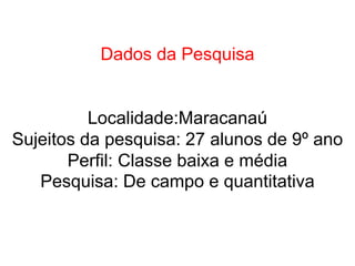 Dados da Pesquisa

Localidade:Maracanaú
Sujeitos da pesquisa: 27 alunos de 9º ano
Perfil: Classe baixa e média
Pesquisa: De campo e quantitativa

 