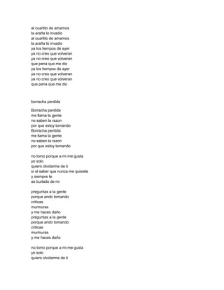 al cuartito de amarnos
la araña lo invadio
al cuartito de amarnos
la araña lo invadio
ya los tiempos de ayer
ya no creo que volveran
ya no creo que volveran
que pena que me dio
ya los tiempos de ayer
ya no creo que volveran
ya no creo que volveran
que pena que me dio



borracha perdida

Borracha perdida
me llama la gente
no saben la razon
por que estoy tomando
Borracha perdida
me llama la gente
no saben la razon
por que estoy tomando

no tomo porque a mi me gusta
yo solo
quiero olvidarme de ti
si al saber que nunca me quisiste
y siempre te
as burlado de mi

preguntas a la gente
porque ando tomando
criticas
murmuras
y me haces daño
preguntas a la gente
porque ando tomando
criticas
murmuras
y me haces daño

no tomo porque a mi me gusta
yo solo
quiero olvidarme de ti
 