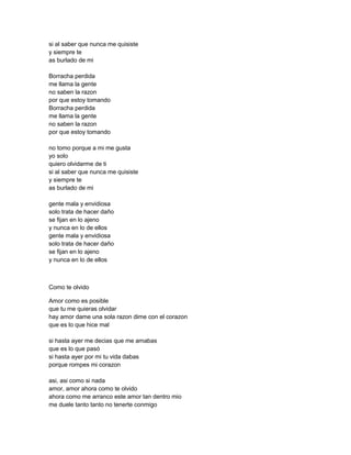 si al saber que nunca me quisiste
y siempre te
as burlado de mi

Borracha perdida
me llama la gente
no saben la razon
por que estoy tomando
Borracha perdida
me llama la gente
no saben la razon
por que estoy tomando

no tomo porque a mi me gusta
yo solo
quiero olvidarme de ti
si al saber que nunca me quisiste
y siempre te
as burlado de mi

gente mala y envidiosa
solo trata de hacer daño
se fijan en lo ajeno
y nunca en lo de ellos
gente mala y envidiosa
solo trata de hacer daño
se fijan en lo ajeno
y nunca en lo de ellos



Como te olvido

Amor como es posible
que tu me quieras olvidar
hay amor dame una sola razon dime con el corazon
que es lo que hice mal

si hasta ayer me decias que me amabas
que es lo que pasó
si hasta ayer por mi tu vida dabas
porque rompes mi corazon

asi, asi como si nada
amor, amor ahora como te olvido
ahora como me arranco este amor tan dentro mio
me duele tanto tanto no tenerte conmigo
 