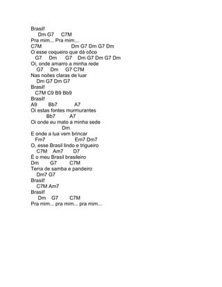 Brasil!
   Dm G7 C7M
Pra mim... Pra mim...
C7M                Dm G7 Dm G7 Dm
O esse coqueiro que dá côco
  G7 Dm         G7 Dm G7 Dm G7 Dm
Oi, onde amarro a minha rede
  G7 Dm G7 C7M
Nas noites claras de luar
  Dm G7 Dm G7
Brasil!
  C7M C9 B9 Bb9
Brasil!
A9       Bb7        A7
Oi estas fontes murmurantes
        Bb7       A7
Oi onde eu mato a minha sede
              Dm
E onde a lua vem brincar
  Fm7               Em7 Dm7
O, esse Brasil lindo e trigueiro
  C7M Am7           D7
É o meu Brasil brasileiro
Dm       G7       C7M
Terra de samba e pandeiro
  Dm7 G7
Brasil!
  C7M Am7
Brasil!
   Dm G7          C7M
Pra mim... pra mim... pra mim...
 