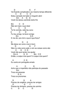 D                  G     F
Vai ficando complicado e ao mesmo tempo diferente
       C    D       C D
Estou cansado de bater e ninguém abrir
        Em    A    G D
Você me deixou sentindo tanto frio

Bm        C D
Não sei mais o que dizer
A         C       D
Te fiz comida, velei teu sono
A         C        D
Fui teu amigo, te levei comigo
       Em                 GA
E me diz: pra mim o que é que ficou?

D             G     A
Me deixa ver como viver é bom
    D                  G     F
Não é a vida como está, e sim as coisas como são
     C      D     C D
Você não quis tentar me ajudar
   Em A         G D          Bm C D
Então, a culpa é de quem? A culpa é de quem?

 A             C D
Eu canto em português errado

      A          C         D
Acho que o imperfeito não participa do passado
      Em
Troco as pessoas
        G A
Troco os pronomes

  D              G        A
Preciso de oxigênio, preciso ter amigos
  D              G       F
Preciso ter dinheiro, preciso de carinho
C        D      C           D
 