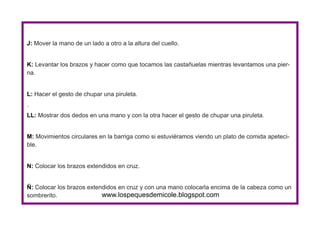 www.lospequesdemicole.blogspot.com
J: Mover la mano de un lado a otro a la altura del cuello.
K: Levantar los brazos y hacer como que tocamos las castañuelas mientras levantamos una pier-
na.
L: Hacer el gesto de chupar una piruleta.
.
LL: Mostrar dos dedos en una mano y con la otra hacer el gesto de chupar una piruleta.
M: Movimientos circulares en la barriga como si estuviéramos viendo un plato de comida apeteci-
ble.
N: Colocar los brazos extendidos en cruz.
Ñ: Colocar los brazos extendidos en cruz y con una mano colocarla encima de la cabeza como un
sombrerito.
 