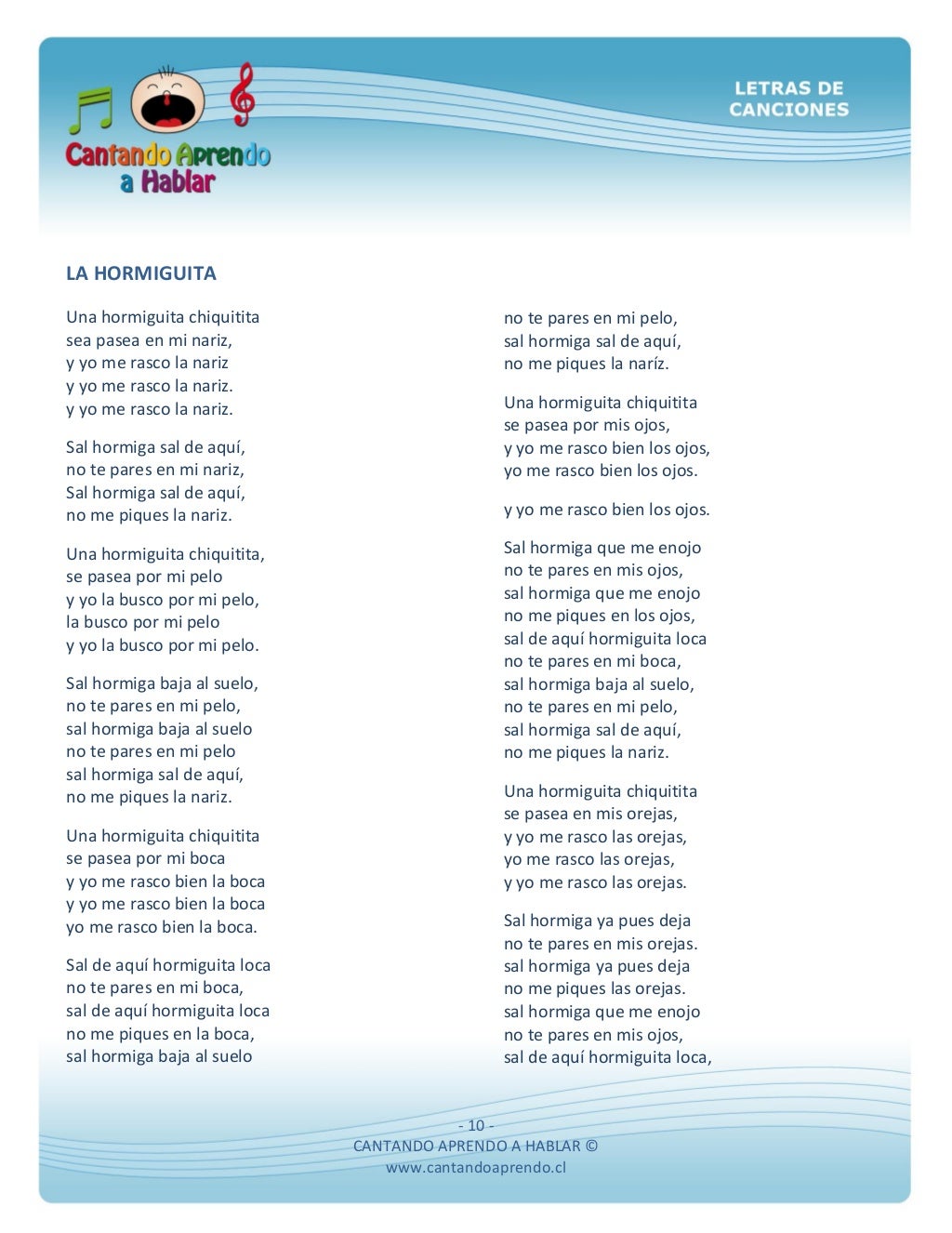 Letras de canciones cantando aprendo hablar