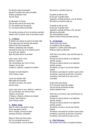 Eu não abro mão da presença                       Me mostra o caminho onde vou
No partir do pão e em cada comunhão
Graças, graças por tudo                           E quando eu não sei orar
Sou de Jesus                                      Eu sei que Tu podes fazer
                                                  Segundo a vontade de Deus, a luz do Senhor
Eu não posso Te deixar                            Me mostra o caminho onde vou
Pois de uma coisa eu sei muito bem
É a Tua sombra que me guarda                      E quando eu não sei orar
E a Tua misericórdia me sustém                    Eu sei que Tu podes fazer
                                                  Segundo a vontade de Deus, o Pai, em mim
Pai, perdoa os meus erros e me ensina a perdoar   Me guia na adoração
Venha a nós Tau santo reino e me ensina a amar.   Oh, profundidade e poder
                                                  Espirito Santo é Deus morando em mim.
3 . A Palavra
O Senhor me chamou no ventre da minha mãe         5 . Arrebatados
E me ungiu para ser profeta das nações            Ainda resta uma chance
Palavras de vida na sequidão                      O candelabro não se apagou
Plantar a esperança nos corações                  Desperta, e venha como estás agora
No deserto como um rio ao sedento saciar          Pode ser agora ou não mais
E na noite ser candeia
Que não pode deixar de acender                    Você tem a tua chance, mas você não quer se
                                                  arrepender
Lavar a paz, Lavar o arco                         Até que os céus se abram e as respostas
Destruir, construir                               subirão, porque...
Ser voz de Deus, ser forte e fraco                Até que os céus se abram e as respostas
Sempre, eis-me aqui                               subirão, porque...
A palavra, a palavra, a palavra do Senhor         Arrebatos, eu ouço a voz do meu Senhor
                                                  chamar
O poder do Santo Espírito                         Arrebatos, nas bodas do cordeiro quero estar
Com firmeza e amor                                Arrebatos, as portas se abriram, vou entrar
                                                  Arrebatos, tem festa lá no céu e eu fui
Se ele me mandou falar                            convidado.
Não posso me esconder
Vou subir no monte, ser arauto                    Ainda resta uma chance
preciso dizer.                                    O fio de prata ainda não rompeu
                                                  Há cura da dor profunda da alma
Levar a paz, levar o arco, destruir, construir    Ainda é possível viver.
Ser voz de Deus, ser forte e fraco
Sempre, eis-me aqui                               Você tem a tua chance, mas você não quer se
A Palavra, a Palavra, a Palavra do Senhor         arrepender
O poder Santo Espírito                            Até que os céus se abram e as respostas
Com firmeza e amor.                               subirão, porque...
                                                  Até que os céus se abram e as respostas
4 . Melhor Amigo                                  subirão, porque...
Espirito Santo, meu melhor amigo                  Arrebatos, eu ouço a voz do meu Senhor
Eu sei que posso confiar                          chamar
Abrir coração, certeza do amor                    Arrebatos, nas bodas do cordeiro quero estar
presença de Deus, consolador                      Arrebatos, as portas se abriram, vou entrar
                                                  Arrebatos, tem festa lá no céu e eu fui...
Espirito Santo que fala comigo
Na Tua voz posso encontrar                        6 . Fácil Diferença
A força de Deus, a luz do Senhor                  Ele conhece muito bem o coração do homem
 