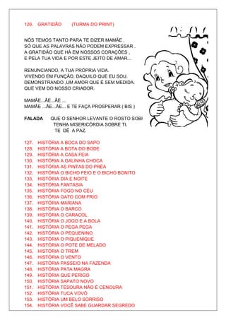 126. GRATIDÃO       (TURMA DO PRINT)


NÓS TEMOS TANTO PARA TE DIZER MAMÃE ,
SÓ QUE AS PALAVRAS NÃO PODEM EXPRESSAR .
A GRATIDÃO QUE HÁ EM NOSSOS CORAÇÕES ,
E PELA TUA VIDA E POR ESTE JEITO DE AMAR...

RENUNCIANDO, A TUA PRÓPRIA VIDA.
VIVENDO EM FUNÇÃO, DAQUILO QUE EU SOU.
DEMONSTRANDO ,UM AMOR QUE É SEM MEDIDA.
QUE VEM DO NOSSO CRIADOR.

MAMÃE...ÃE...ÃE ...
MAMÃE ...ÃE...ÃE... E TE FAÇA PROSPERAR ( BIS )

FALADA      QUE O SENHOR LEVANTE O ROSTO SOBRE TI.
             TENHA MISERICÓRDIA SOBRE TI.
             TE DÊ A PAZ.

127.   HISTÓRIA A BOCA DO SAPO
128.   HISTÓRIA A BOTA DO BODE
129.   HISTÓRIA A CASA FEIA
130.   HISTÓRIA A GALINHA CHOCA
131.   HISTÓRIA AS PINTAS DO PRÉA
132.   HISTÓRIA O BICHO FEIO E O BICHO BONITO
133.   HISTÓRIA DIA E NOITE
134.   HISTÓRIA FANTASIA
135.   HISTÓRIA FOGO NO CÉU
136.   HISTÓRIA GATO COM FRIO
137.   HISTÓRIA MARIANA
138.   HISTÓRIA O BARCO
139.   HISTÓRIA O CARACOL
140.   HISTÓRIA O JOGO E A BOLA
141.   HISTÓRIA O PEGA PEGA
142.   HISTÓRIA O PEQUENINO
143.   HISTÓRIA O PIQUENIQUE
144.   HISTÓRIA O POTE DE MELADO
145.   HISTÓRIA O TREM
146.   HISTÓRIA O VENTO
147.   HISTÓRIA PASSEIO NA FAZENDA
148.   HISTÓRIA PATA MAGRA
149.   HISTÓRIA QUE PERIGO
150.   HISTÓRIA SAPATO NOVO
151.   HISTÓRIA TESOURA NÃO É CENOURA
152.   HISTÓRIA TUCA VOVÓ
153.   HISTÓRIA UM BELO SORRISO
154.   HISTÓRIA VOCÊ SABE GUARDAR SEGREDO
 