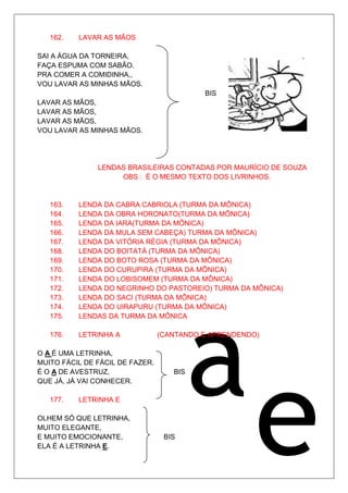 162.   LAVAR AS MÃOS

SAI A ÁGUA DA TORNEIRA,
FAÇA ESPUMA COM SABÃO.
PRA COMER A COMIDINHA,,
VOU LAVAR AS MINHAS MÃOS.
                                           BIS
LAVAR AS MÃOS,
LAVAR AS MÃOS,
LAVAR AS MÃOS,
VOU LAVAR AS MINHAS MÃOS.




               LENDAS BRASILEIRAS CONTADAS POR MAURÍCIO DE SOUZA
                    OBS : É O MESMO TEXTO DOS LIVRINHOS.


   163.   LENDA DA CABRA CABRIOLA (TURMA DA MÔNICA)
   164.   LENDA DA OBRA HORONATO(TURMA DA MÔNICA)
   165.   LENDA DA IARA(TURMA DA MÔNICA)
   166.   LENDA DA MULA SEM CABEÇA) TURMA DA MÔNICA)
   167.   LENDA DA VITÓRIA RÉGIA (TURMA DA MÔNICA)
   168.   LENDA DO BOITATÁ (TURMA DA MÔNICA)
   169.   LENDA DO BOTO ROSA (TURMA DA MÔNICA)
   170.   LENDA DO CURUPIRA (TURMA DA MÔNICA)
   171.   LENDA DO LOBISOMEM (TURMA DA MÔNICA)
   172.   LENDA DO NEGRINHO DO PASTOREIO) TURMA DA MÔNICA)
   173.   LENDA DO SACI (TURMA DA MÔNICA)
   174.   LENDA DO UIRAPURU (TURMA DA MÔNICA)
   175.   LENDAS DA TURMA DA MÔNICA

   176.   LETRINHA A             (CANTANDO E APRENDENDO)

O A É UMA LETRINHA,
MUITO FÁCIL DE FÁCIL DE FAZER.
É O A DE AVESTRUZ,                  BIS
QUE JÁ, JÁ VAI CONHECER.

   177.   LETRINHA E

OLHEM SÓ QUE LETRINHA,
MUITO ELEGANTE,
E MUITO EMOCIONANTE,              BIS
ELA É A LETRINHA E.
 