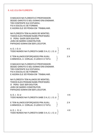 8. A,E,I,O,U DA FLORESTA


  O MACACO NA FLORESTA É PROFESSSOR,
  DESDE GAROTO O SEU SONHO ERA ENSINAR.
  TÃO CONTENTE ELE ESTUDOU,
  FOI A ESCOLA E SE FORMAR,
  E AGORA ELE SÓ PENSA EM TRABALHAR.

  NA FLORESTA TEM ALUNOS DE MONTÃO,
  TODOS ELES PENSAM NUMA PROFISSÃO.
  O PERU QUER SER DOUTOR,
  JOÃO DE BARRO CONSTRUTOR,
  PAPAGAIO SONHA EM SER LOCUTOR.

  A, E, I, O, U                                 4X
  TODO MUNDO NA FLORESTA SABE O A, E, I, O, U

  E TEM ALUNOS ESFORÇADOS PRA XUXU,             2X
  A MINHOCA, A CORUJA, O LEÃO E O TATU.

  O MACACO NA FLORESTA É PROFESSSOR,
  DESDE GAROTO O SEU SONHO ERA ENSINAR.
  TÃO CONTENTE ELE ESTUDOU,
  FOI A ESCOLA E SE FORMAR ,
  E AGORA ELE SÓ PENSA EM TRABALHAR.

  NA FLORESTA TEM ALUNOS DE MONTÃO,
  TODOS ELES PENSAM NUMA PROFISSÃO.
  O PERU QUE SER DOUTOR,
  JOÃO DE BARRO CONSTRUTOR,
  PAPAGAIO SONHA EM SER LOCUTOR.

  A, E, I, O, U                                 4X
  TODO MUNDO NA FLORESTA SABE O A, E, I, O, U

  E TEM ALUNOS ESFORÇADOS PRA XUXU,             2X
  A MINHOCA, A CORUJA, O LEÃO E O TATU.

  A, E, I, O, U                                 4X
  TODO MUNDO NA FLORESTA SABE O A, E, I, O, U
 