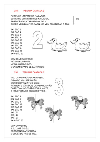 249.   TABUADA CANTADA 2

EU TENHO UM PATINHO NA LAGOA,
EU TENHO DOIS PATINHOS NA LAGOA,                   BIS
APRENDENDO A TABUADINHA DO 2,
QUERO VER QUANTOS PATINHOS VEM AQUI NADAR A TOA.

2X1 SÃO 2
2X2 SÃO 4
2X3 SÃO 6
2X4 SÃO 8
2X5 SÃO 10
2X6 SÃO 12
2X7 SÃO 14
2X8 SÃO16
2X9 SÃO 18
2X10 SÃO 20

COM SEUS RABINHOS
FAZEM LEQUINHOS
MERGULHAM O BICO
E ENXEM O PAPO DE SANTINHOS.

   250.   TABUADA CANTADA 3

MEU CAVALINHO DE CARROSSEL
GIRANDO VOU ATÉ O CÉU.
BAIXO UMA VEZ ATÉ O CHÃO,
NA FRENTE MAIS DOIS CAVALINHOS VÃO.
CARREGAM NO CORPO POR SUA VEZ,
O NUMEROZINHO CHAMADO TRÊS.

3X1 SÃO 3
3X2 SÃO 6                                                3
3X3 SÃO 9
3X4 SÃO 12
3X5 SÃO 15
3X6 SÃO 18
3X7 , 21
3X8 , 24
3X9 , 27
3X10 SÃO 30

VOA CAVALINHO
1, 2, 3, ATÉ O CÉU.
DECORANDO A TABUADA
E COMENDO PÃO DE MEL.
 