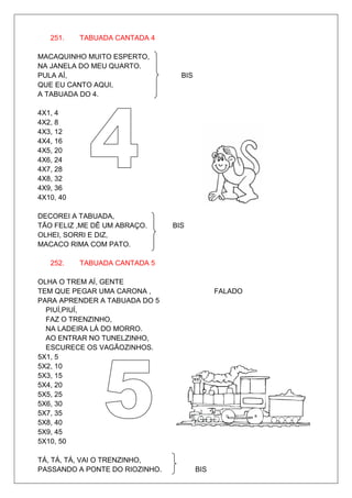 251.    TABUADA CANTADA 4

MACAQUINHO MUITO ESPERTO,
NA JANELA DO MEU QUARTO.
PULA AÍ,                          BIS
QUE EU CANTO AQUI,
A TABUADA DO 4.

4X1, 4
4X2, 8
4X3, 12
4X4, 16
4X5, 20
4X6, 24
4X7, 28
4X8, 32
4X9, 36
4X10, 40

DECOREI A TABUADA,
TÃO FELIZ ,ME DÊ UM ABRAÇO.     BIS
OLHEI, SORRI E DIZ,
MACACO RIMA COM PATO.

   252.    TABUADA CANTADA 5

OLHA O TREM AÍ, GENTE
TEM QUE PEGAR UMA CARONA ,                    FALADO
PARA APRENDER A TABUADA DO 5
  PIUÍ,PIUÍ,
  FAZ O TRENZINHO,
  NA LADEIRA LÁ DO MORRO.
  AO ENTRAR NO TUNELZINHO,
  ESCURECE OS VAGÃOZINHOS.
5X1, 5
5X2, 10
5X3, 15
5X4, 20
5X5, 25
5X6, 30
5X7, 35
5X8, 40
5X9, 45
5X10, 50

TÁ, TÁ, TÁ, VAI O TRENZINHO,
PASSANDO A PONTE DO RIOZINHO.           BIS
 