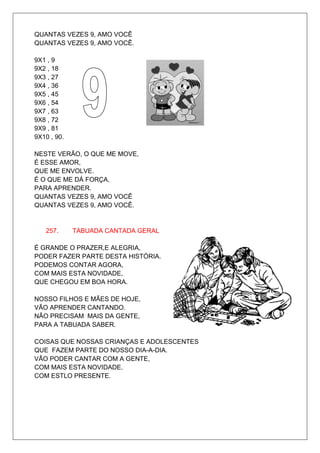 QUANTAS VEZES 9, AMO VOCÊ
QUANTAS VEZES 9, AMO VOCÊ.

9X1 , 9
9X2 , 18
9X3 , 27
9X4 , 36
9X5 , 45
9X6 , 54
9X7 , 63
9X8 , 72
9X9 , 81
9X10 , 90.

NESTE VERÃO, O QUE ME MOVE,
É ESSE AMOR,
QUE ME ENVOLVE.
É O QUE ME DÁ FORÇA,
PARA APRENDER.
QUANTAS VEZES 9, AMO VOCÊ
QUANTAS VEZES 9, AMO VOCÊ.


   257.      TABUADA CANTADA GERAL

É GRANDE O PRAZER,E ALEGRIA,
PODER FAZER PARTE DESTA HISTÓRIA.
PODEMOS CONTAR AGORA,
COM MAIS ESTA NOVIDADE,
QUE CHEGOU EM BOA HORA.

NOSSO FILHOS E MÃES DE HOJE,
VÃO APRENDER CANTANDO.
NÃO PRECISAM MAIS DA GENTE,
PARA A TABUADA SABER.

COISAS QUE NOSSAS CRIANÇAS E ADOLESCENTES
QUE FAZEM PARTE DO NOSSO DIA-A-DIA.
VÃO PODER CANTAR COM A GENTE,
COM MAIS ESTA NOVIDADE.
COM ESTLO PRESENTE.
 