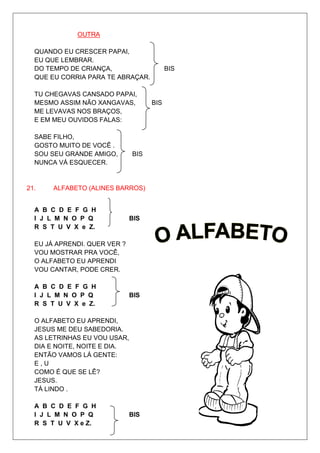 OUTRA

  QUANDO EU CRESCER PAPAI,
  EU QUE LEMBRAR.
  DO TEMPO DE CRIANÇA,                    BIS
  QUE EU CORRIA PARA TE ABRAÇAR.

  TU CHEGAVAS CANSADO PAPAI,
  MESMO ASSIM NÃO XANGAVAS,         BIS
  ME LEVAVAS NOS BRAÇOS,
  E EM MEU OUVIDOS FALAS:

  SABE FILHO,
  GOSTO MUITO DE VOCÊ .
  SOU SEU GRANDE AMIGO,       BIS
  NUNCA VÁ ESQUECER.


21.    ALFABETO (ALINES BARROS)


  A B C D E F G H
  I J L M N O P Q             BIS
  R S T U V X e Z.

  EU JÁ APRENDI. QUER VER ?
  VOU MOSTRAR PRA VOCÊ,
  O ALFABETO EU APRENDI
  VOU CANTAR, PODE CRER.

  A B C D E F G H
  I J L M N O P Q             BIS
  R S T U V X e Z.

  O ALFABETO EU APRENDI,
  JESUS ME DEU SABEDORIA.
  AS LETRINHAS EU VOU USAR,
  DIA E NOITE, NOITE E DIA.
  ENTÃO VAMOS LÁ GENTE:
  E,U
  COMO É QUE SE LÊ?
  JESUS.
  TÁ LINDO .

  A B C D E F G H
  I J L M N O P Q             BIS
  R S T U V X e Z.
 