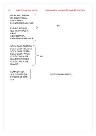 30.    ANJOS CANTAM NATAL         (FALHANDO) A CANÇÃO NA PRÉ ESCOLA

  OS ANJOS CANTAM.
  OS SINOS TOCAM.
  LÁ EM BELÉM.
  ELE NASCEU PARA NÓS.
                                           BIS
  É JESUS MENINO,
  QUE VEIO TRAZER,
  A PAZ ,
  A ESPERANÇA,
  PARA MIM E PARA VOCÊ.


  SE EM CADA SORRISO,
  SE EM CADA PALAVRA,
  SE EM CADA GESTO,
  SE EM CADA FAVOR.
  VOCÊ COLOCASSE            BIS
  UMA FORÇA MAIOR
  VOCÊ COLOCASSE,
  O AMOR.


  COM CERTEZA
  JESUS NASCERIA                      CONFUSO (FALHANDO)
  E TODOS OS DIAS
  SUA
 