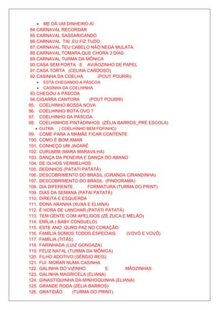 • ME DÁ UM DINHEIRO AÍ
84. CARNAVAL RECORDAR
85. CARNAVAL SASSARICANDO
86. CARNAVAL TAI ,EU FIZ TUDO
87. CARNAVAL TEU CABELO NÃO NEGA MULATA
88. CARNAVAL TOMARA QUE CHORA 3 DIAS
89. CARNAVAL TURMA DA MÔNICA
90. CASA SEM PORTA E AVIÃOZINHO DE PAPEL
91. CASA TORTA (CELINA CARDOSO)
92. CASINHA DA COELHA       (POUT POURRI)
   •    ESTÁ CHEGANDO A PÁSCOA
   •    CASINHA DA COELHINHA
 93. CHEGOU A PÁSCOA
 94. CIGARRA CANTORA   (POUT POURRI)
95. COELHINHO BOSSA NOVA
96. COELHINHO BOTA OVO ?
97. COELHINHO DA PÁSCOA
98. COELHINHOS PINTADINHOS (ZÉLIA BARROS_PRÉ ESCOLA)
   • OUTRA    ( COELHINHO BEM FOFINHO)
99.    COME PARA A MAMÃE FICAR CONTENTE
100.   COMO É BOM AMAR
101.   CONHEÇO UM JACARÉ
102.   CURUMIM (MARA MARAVILHA)
103.   DANÇA DA PENEIRA E DANÇA DO ABANO
104.   DE OLHOS VERMELHOS
105.   DEDINHOS (PATATI PATATÁ)
106.   DESCOBRIMENTO DO BRASIL (CIRANDA CIRANDINHA)
107.   DESCOBRIMENTO DO BRASIL (PINDORAMA)
108.   DIA DIFERENTE      FORMATURA (TURMA DO PRINT)
109.   DIAS DA SEMANA (PATAI PATATÁ)
110.   DIREITA E ESQUERDA
111.   DONA ARANHA (XUXA E ELIANA)
112.   É HORA DE LANCHAR (PATATI PATATÁ)
113.   TEM GENTE COM APELIDOS (ZÉ ZUCA E MELÃO)
114.   EMÍLIA ( BABY CONSUELO)
115.   ESTE ANO ,QURO PAZ NO CORAÇÃO
116.   FAMÍLIA SOMOS TODOS ESPECIAIS     (VOVÓ E VOVÔ)
117.   FAMÍLIA (TITÃS)
118.   FARINHADA (LUIZ GONGAZA)
119.   FELIZ NATAL (TURMA DA MÔNICA)
120.   FILHO ADOTIVO (SÉRGIO REIS)
121.   FUI MORAR NUMA CASINHA
122.   GALINHA DO VIZINHO         E      MÃOZINHAS
123.   GALINHA MAGRICELA (ELIANA)
124.   GINASTIQUINHA DA MINHOQUINHA (ELIANA)
125.   GRANDE RODA (ZÉLIA BARROS)
126.   GRATIDÃO      (TURMA DO PRINT)
 