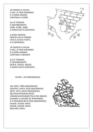 JÁ PASSOU A CHUVA
O SOL JÁ VEM SURGINDO
E A DONA ARANHA
CONTINUA A SUBIR

ELA É TEIMOSA
E DESOBEDIENTE
SOBE, SOBE, SOBE
E NUNCA ESTÁ CONTENTE

A DONA ARANHA
DESCEU PELA PAREDE
VEIO A CHUVA FORTE,
E A DERRUBOU.

JÁ PASSOU A CHUVA
O SOL JÁ VEM SURGINDO
E A DONA ARANHA
CONTINUA A DESCER.

ELA É TEIMOSA,
E DESOBEDIENTE.
DESCE, DESCE, DESCE,
E NUNCA ESTÁ CONTENTE .




    OUTRA ( OS INDIOZINHOS)



UM, DOIS, TRÊS INDIOZINHOS,
QUATRO, CINCO, SEIS INDIOZINHOS,
SETE, OITO, NOVE INDIOZINHOS,
DEZ NUM PEQUENO BOTE.
VINHAM NAVEGANDO PELO RIO ABAIXO,
QUANDO O JACARÉ SE APROXIMOU.
E O PEQUENO BOTE DOS INDIOZINHOS
QUASE, QUASE VIROU.
QUASE, QUASE VIROU.
MAS NÃO VIROU.
 