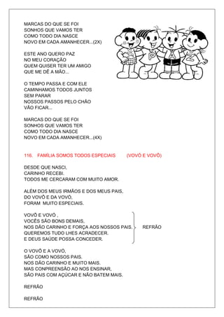 MARCAS DO QUE SE FOI
SONHOS QUE VAMOS TER
COMO TODO DIA NASCE
NOVO EM CADA AMANHECER...(2X)

ESTE ANO QUERO PAZ
NO MEU CORAÇÃO
QUEM QUISER TER UM AMIGO
QUE ME DÊ A MÃO...

O TEMPO PASSA E COM ELE
CAMINHAMOS TODOS JUNTOS
SEM PARAR
NOSSOS PASSOS PELO CHÃO
VÃO FICAR...

MARCAS DO QUE SE FOI
SONHOS QUE VAMOS TER
COMO TODO DIA NASCE
NOVO EM CADA AMANHECER...(4X)


116. FAMÍLIA SOMOS TODOS ESPECIAIS      (VOVÓ E VOVÔ)

DESDE QUE NASCI,
CARINHO RECEBI.
TODOS ME CERCARAM COM MUITO AMOR.

ALÉM DOS MEUS IRMÃOS E DOS MEUS PAIS,
DO VOVÔ E DA VOVÓ,
FORAM MUITO ESPECIAIS.

VOVÔ E VOVÓ ,
VOCÊS SÃO BONS DEMAIS,
NOS DÃO CARINHO E FORÇA AOS NOSSOS PAIS.     REFRÃO
QUEREMOS TUDO LHES ACRADECER.
E DEUS SAÚDE POSSA CONCEDER.

O VOVÔ E A VOVÓ,
SÃO COMO NOSSOS PAIS.
NOS DÃO CARINHO E MUITO MAIS.
MAS CONPREENSÃO AO NOS ENSINAR,
SÃO PAIS COM AÇÚCAR E NÃO BATEM MAIS.

REFRÃO

REFRÃO
 