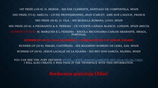 1ST PRIZE (100 €): D. BEIRAS – IES SAN CLEMENTE, SANTIAGO DE COMPOSTELA, SPAIN
2ND PRIZE (75 €): AMÉLYA – LYCÉE PROFESSIONNEL JEAN D’ARCET, AIRE SUR L’ADOUR, FRANCE
3RD PRIZE (50 €): D. VILA – IES MURALLA ROMANA, LUGO, SPAIN
3RD PRIZE (50 €): A.PIEDRAHITA & S. PEREIRA – CE VICENTE CAÑADA BLANCH, LONDON, SPAIN (MECD)
RUNNER-UP (30 €): M. MARQUES E L.TEIXEIRA – ESCOLA SECUNDARIA CARLOS AMARANTE, BRAGA,
PORTUGAL
RUNNER-UP (30 €): OLGA FALKIEWICZ – GIMNAZJUM NR 3 W LUBLIN, POLAND
RUNNER-UP (30 €): ISMAEL CASTIÑEIRA – IES MAXIMINO ROMERO DE LEMA, ZAS, SPAIN
RUNNER-UP (30 €): JESÚS LACALLE DE LA IGLESIA – IES REY DON GARCÍA, NÁJERA, SPAIN
YOU CAN SEE THE JURY DECISION HTTPS://WWW.IESSANCLEMENTE.NET/2016/05/26/7386/.
I WILL ALSO CREATE A WEB PAGE IN THE TWINSPACE WITH THIS INFORMATION.
Serdecznie gratuluję Oldze!
 
