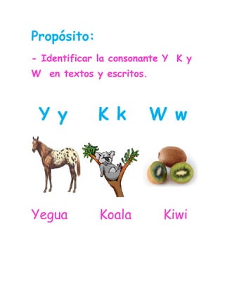 Propósito:<br />- Identificar la consonante Y  K y W  en textos y escritos.<br /> Y y    K k   W w              <br />3863340413385<br />Yegua        Koala        Kiwi                              <br />Lee los fonemas y relaciona los iguales.                                                             <br />wi                        ko<br />ya                        wo<br />wo                        ku <br />ku                        wu                                 <br />yu                        ye <br />wu                        ya<br />ko                         yu<br />ye                         wi<br />Lee varias veces las palabras.<br />Joyas    hoyo        Mayo  <br />Yogur      yuca       yema<br />Ahuyama     rey      hoyo<br />Koala     Tokio     Kiosco <br />Pekín     Kepis       kumis<br />Karateca  Kinder  Kayak <br />Wisconsin  Kiwi  Wilmar<br />Waldo   Wanda   Walter<br />Washintong Hawai wolfi       <br />Lee varias veces las oraciones.<br />Waldo juega  al waterpolo.<br />El pájaro voló de la jaula.<br />El pez muerde el anzuelo.<br />A Gonzalo lo pico un zancudo.<br />Calixto es un taxista excelente.<br /> Mis textos sirven para los exámenes.<br /> <br />Relaciona la palabra con la                 imagen.<br />80581550802967990548005                                        Kiwi<br />                                                                                                                      Hawai           <br />                                                       <br />386715461010                                   Whisky        <br />2872740346710                                                             <br />      <br />                                  Ahuyama<br />1482090203200<br />                                   Yuca<br />                                   Yogur<br />Relaciona la silaba para completar la palabra.<br />ye    wa    ki    ko    ya    wis      ka<br />4225290250190438152216152272665278765                               <br />                                            <br />22726659340853771909340854463415829310  ___te             __mono          Sandu__                   <br />                <br />__gua             __terpolo         __rateca                                      <br />47205901746252348865241300<br />91440132080<br />__ma                __osco                      __ala                   <br />Relaciona la palabra con el sonido inicial.<br />                                       <br />                                                                                                                                                       Yu                             yo<br />    Wa                            mile      <br />    Ma                            son<br />    Ya                             kingo<br />    Ka                             ca   <br />    Vi                              rate<br />    Wil                             yuu   <br />Lee y relaciona las palabras iguales <br />                     <br /> Wenceslao            ahuyama                                        Pekín                  Kayak<br />      Putumayo             Wisconsin<br />      Kayak                 Vikingo<br />      Wisconsin             Putumayo<br />      Vikingo                Pekín<br />      Ahuyama              Wenceslao<br />Completa las oraciones con las palabras de la nube.<br />Karateca              kiwi       koaladesayunan           Popayán    <br />Yiyo vive en _________. <br />Wendy come ________.<br />Walter es un buen __________.<br />El _______ es un mamifero.<br />Waldo y Yolanda ________yogur.<br />Si le das clic a estas letras encontraras unas páginas web donde puedes reforzar las consonantes vistas.<br />W Y K<br />