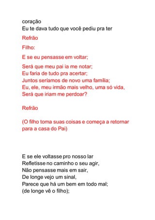 coração
Eu te dava tudo que você pediu pra ter
Refrão
Filho:
E se eu pensasse em voltar;
Será que meu pai ia me notar;
Eu faria de tudo pra acertar;
Juntos seríamos de novo uma família;
Eu, ele, meu irmão mais velho, uma só vida,
Será que iriam me perdoar?
Refrão
(O filho toma suas coisas e começa a retornar
para a casa do Pai)
E se ele voltasse pro nosso lar
Refletisse no caminho o seu agir,
Não pensasse mais em sair,
De longe vejo um sinal,
Parece que há um bem em todo mal;
(de longe vê o filho);
 