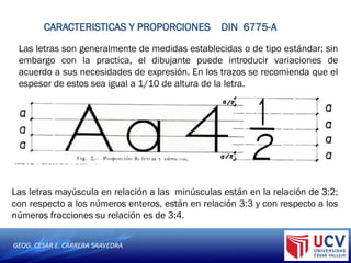 GEOG. CESAR E. CARRERA SAAVEDRA
CARACTERISTICAS Y PROPORCIONES DIN 6775-A
Las letras son generalmente de medidas establecidas o de tipo estándar; sin
embargo con la practica, el dibujante puede introducir variaciones de
acuerdo a sus necesidades de expresión. En los trazos se recomienda que el
espesor de estos sea igual a 1/10 de altura de la letra.
Las letras mayúscula en relación a las minúsculas están en la relación de 3:2;
con respecto a los números enteros, están en relación 3:3 y con respecto a los
números fracciones su relación es de 3:4.
 