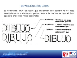 GEOG. CESAR E. CARRERA SAAVEDRA
SEPARACIÓN ENTRE LETRAS
La separación entre las letras que conforman una palabra no se hace
necesariamente a distancias iguales, sino a la manera en que el área
aparente entre letra y letra sea similar.
 