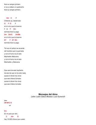 llora su sangre primero
si va a voltear un quebracho
llora su sangre primero.
Gm C F
Chilenito ay, desterrado
G F G F
en el vino que te duerme
F G F Dm
dormido llora tu pago
Dm Dm/C Dm/Bb
en el vino que te duerme
E7 F A7 Dm
dormido llora tu pago.
Tal vez el carbon se acuerde
del hombre que lo quemaba
y con el humo ira al cielo
Machadito Maturana
y con el humo ira al cielo
Machadito y Maturana
Que será de este hacherito
de ese de que no ha sido nada
quizas lo lloren los vinos
que ese chileno tomaba.
quizas lo lloren los vinos
que ese chileno tomaba.
Mensajes del Alma
Letra: León Gieco Musica: Luis Gurevich
Intro:
D# A# C G
x4
Em
En mi país por año
C Am D
hay 15.000 chicos que vuelan
 