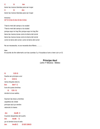 C G Am
tener las manos blandas para ser mujer
C G Am
tener las manos blandas para ser mujer
Armonica:
G7 C E Am G Am G Am G Am
Trae la miel del campo a la ciudad
Trae la miel del campo a la ciudad
porque aqui no hay flor porque aqui no hay flor
tiene las manos duras como la tierra del corral
tiene las manos duras como la tierra del corral
como la tierra del corral, como la tierra del corral
No se necesecita, no se necesita dice Maria……….
Nota:
El acorde de Am alternarlo con las cuerdas 3 y 4 tocadas al aire o bien con un G.
Principe Azul
Letra Y Música : Mateo
G C/G G
Sueña ser principe a-zul
G C/G G
nena chiquita eres tu
Em Bm7 C
luna de queso tendras
G C/G G
donde la luna saldra
Suenan las doce y tendras
zapatitos de cristal
principe azul ya vendra
ratoncito lo traera
Am Am/B C
Cuando despiertes del sueño
Am Am/B C
ya no tendra luna el cielo
Am Am/B C D D/C D/B D
 