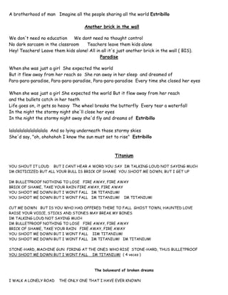 A brotherhood of man Imagine all the people sharing all the world Estribillo
Another brick in the wall
We don't need no education We dont need no thought control
No dark sarcasm in the classroom Teachers leave them kids alone
Hey! Teachers! Leave them kids alone! All in all it's just another brick in the wall ( BIS).
Paradise
When she was just a girl She expected the world
But it flew away from her reach so She ran away in her sleep and dreamed of
Para-para-paradise, Para-para-paradise, Para-para-paradise Every time she closed her eyes
When she was just a girl She expected the world But it flew away from her reach
and the bullets catch in her teeth
Life goes on, it gets so heavy The wheel breaks the butterfly Every tear a waterfall
In the night the stormy night she'll close her eyes
In the night the stormy night away she'd fly and dreams of Estribillo
lalalalalalalalalalala And so lying underneath those stormy skies
She'd say, "oh, ohohohoh I know the sun must set to rise" Estribillo
Titanium
YOU SHOUT IT LOUD BUT I CANT HEAR A WORD YOU SAY IM TALKING LOUD NOT SAYING MUCH
IM CRITICIZED BUT ALL YOUR BULL IS BRICK OF SHAME YOU SHOOT ME DOWN, BUT I GET UP
IM BULLETPROOF NOTHING TO LOSE FIRE AWAY, FIRE AWAY
BRICK OF SHAME, TAKE YOUR RAIN FIRE AWAY, FIRE AWAY
YOU SHOOT ME DOWN BUT I WONT FALL IM TITANIUM!
YOU SHOOT ME DOWN BUT I WONT FALL IM TITANIUM! IM TITANIUM!
CUT ME DOWN BUT IS YOU WHO HAD OFFERED THERE TO FALL GHOST TOWN, HAUNTED LOVE
RAISE YOUR VOICE, STICKS AND STONES MAY BREAK MY BONES
IM TALKING LOUD NOT SAYING MUCH
IM BULLETPROOF NOTHING TO LOSE FIRE AWAY, FIRE AWAY
BRICK OF SHAME, TAKE YOUR RAIN FIRE AWAY, FIRE AWAY
YOU SHOOT ME DOWN BUT I WONT FALL IIM TITANIUM!
YOU SHOOT ME DOWN BUT I WONT FALL IM TITANIUM! IM TITANIUM!
STONE-HARD, MACHINE GUN FIRING AT THE ONES WHO RISE STONE-HARD, THUS BULLETPROOF
YOU SHOOT ME DOWN BUT I WONT FALL IM TITANIUM! ( 4 veces )
The boluveard of broken dreams
I WALK A LONELY ROAD THE ONLY ONE THAT I HAVE EVER KNOWN
 
