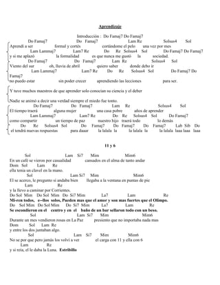 Aprendizaje
Introducción : Do Famaj7 Do Famaj7
Do Famaj7 Do Famaj7 Lam Re Solsus4 Sol
Aprendí a ser formal y cortés cortándome el pelo una vez por mes
Lam Lammaj7 Lam7 Re Do Re Solsus4 Sol Do Famaj7 Do Famaj7
y si me aplazó la formalidad es que nunca me gustó la sociedad.
Do Famaj7 Do Famaj7 Lam Re Solsus4 Sol
Viento del sur oh, lluvia de abril quiero saber donde debo ir
Lam Lammaj7 Lam7 Re Do Re Solsus4 Sol Do Famaj7 Do
Famaj7
no puedo estar sin poder crecer aprendiendo las lecciones para ser.
Y tuve muchos maestros de que aprender solo conocían su ciencia y el deber
Nadie se animó a decir una verdad siempre el miedo fue tonto.
Do Famaj7 Do Famaj7 Lam Re Solsus4 Sol
El tiempo traerá alguna mujer una casa pobre años de aprender
Lam Lammaj7 Lam7 Re Do Re Solsus4 Sol Do Famaj7
como compartir un tiempo de paz nuestro hijo traerá todo lo demás
Do Re Solsus4 Sol Do Famaj7 Do Famaj7 Do Famaj7 Lab Sib Do
el tendrá nuevas respuestas para daaar la lalala la la lalala la la lalala laaa laaa laaa
11 y 6
Sol Lam Si7 Mim Mim6
En un café se vieron por casualidad cansados en el alma de tanto andar
Dom Sol Lam Re
ella tenia un clavel en la mano.
Sol Lam Si7 Mim Mim6
El se acerco, le pregunto si andaba bien llegaba a la ventana en puntas de pie
Lam Re
y la llevo a caminar por Corrientes.
Do Sol Mim Do Sol Mim Do Si7 Mim La7 Lam Re
Mi-ren todos, e--llos solos, Pueden mas que el amor y son mas fuertes que el Olimpo.
Do Sol Mim Do Sol Mim Do Si7 Mim La7 Lam Re
Se escondieron en el centro y en el baño de un bar sellaron todo con un beso.
Sol Lam Si7 Mim Mim6
Durante un mes vendieron rosas en La Paz presiento que no importaba nada mas
Dom Sol Lam Re
y entre los dos juntaban algo.
Sol Lam Si7 Mim Mim6
No se por que pero jamás los volví a ver el carga con 11 y ella con 6
Lam Re
y si reía, el le daba la Luna. Estribillo
 